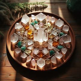 Round crystal grid with quartz crystals and yellow citrine stones