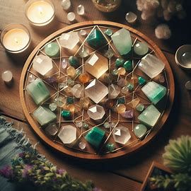 Round crystal grid with Jade, rose quarts, and milky quartz stones